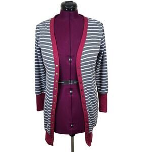 Women's Merokeety Gray Striped Snap Front Tunic Knit Trim Cardigan | Size Medium